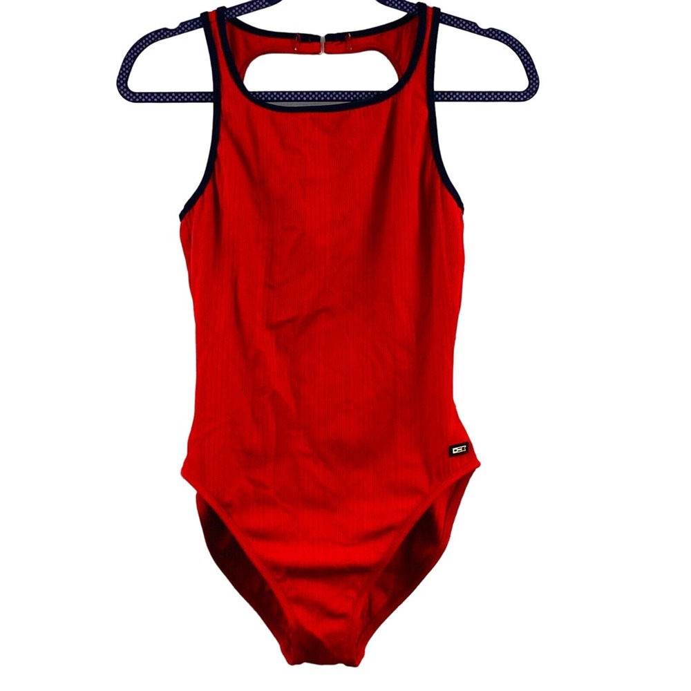 Vtg Womens 12 St John's Bay One Piece Swimsuit Red Ribbed Blue Trim 1990s USA